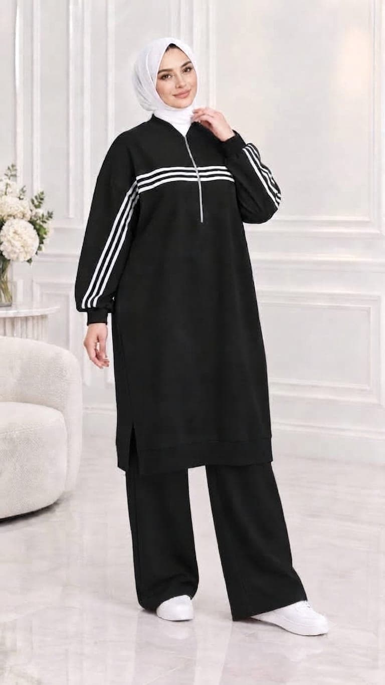 striped athletic two piece set in black