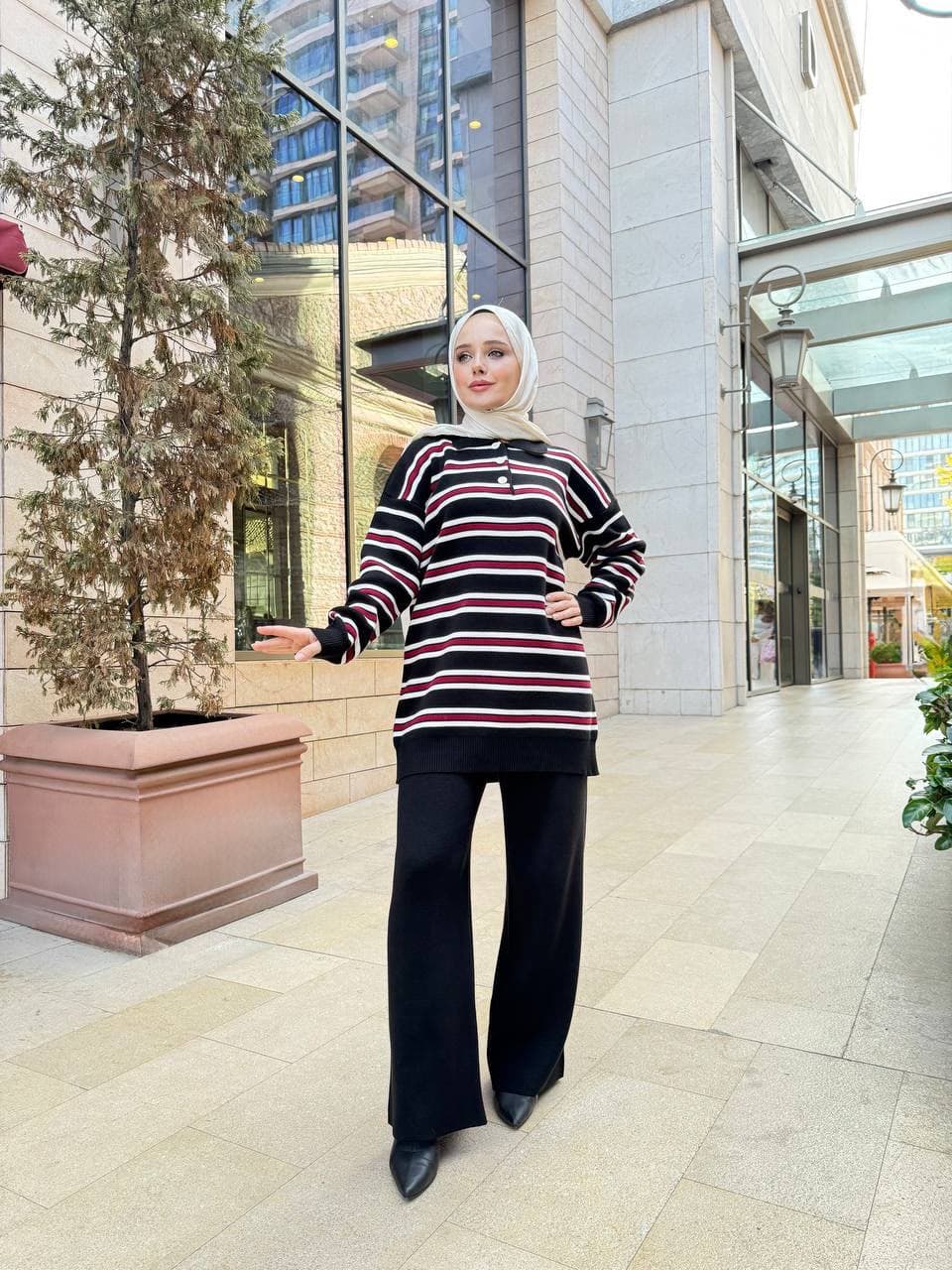 Striped polo tunic and wide leg set in black