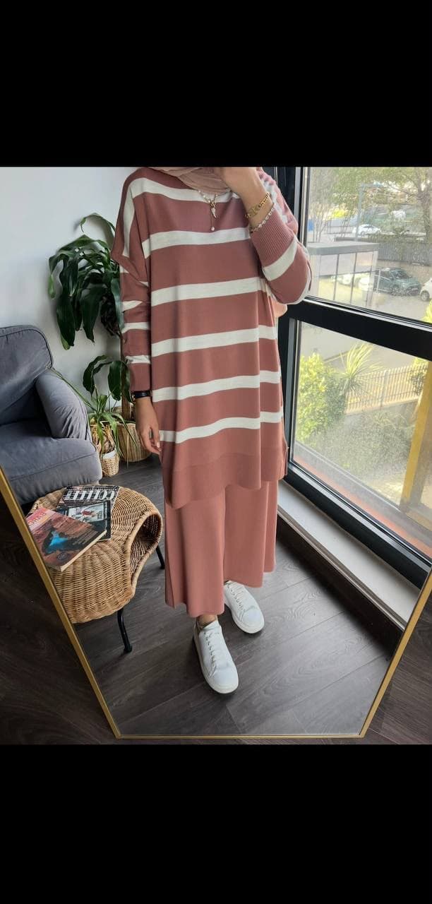 wide  striped two piece knit set in pink